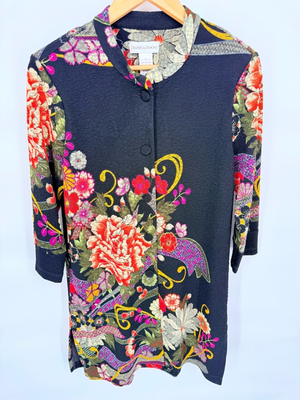 Drapers & Damons Floral Art Jacket Small Black Asian Peony Topper Boho Retro EUC - Picture 5 of 10